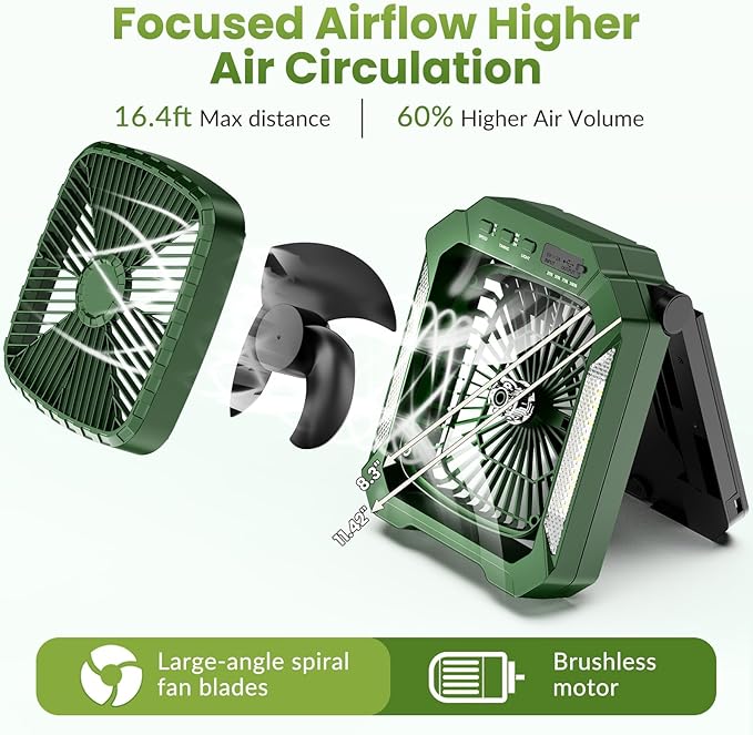 26800mAh Portable Fan Rechargeable with 18W Detachable Solar Panel, Quiet Battery Powered Camping Fan Cordless with LED Lantern,3 Speed,Timer,USB-C,for Bedroom Tent Home Office Desk Hurricane(Green)