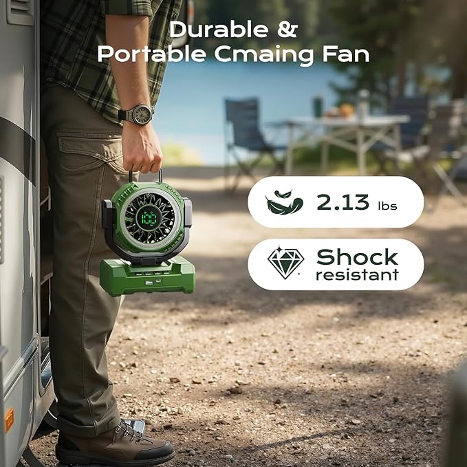 Portable Rechargeable Camping Fan, 20000mAh Battery Operated Fan with LED Light, 1-100 Stepless Speed, 1-12H Timer, Brushless Motor, Oscillating Desk Fan, Tent Fan with LED Display for Camping Travel