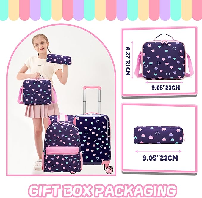 Kid’s Luggage Set 5 Piece Suitcase Set 16’’ Hardside Luggage with Spinner Wheels Girls Carry on Toddler Travel Rolling Suitcase Carry on Luggage Airline Approved