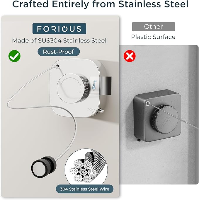 FORIOUS Retractable Clothesline 13.8FT, 304 Stainless Steel Non-Sagging Indoor Outdoor Clothes Line, Rustproof Heavy Duty Clothes Drying Laundry Line, Screw Wall Mounted for Bathroom, Chrome