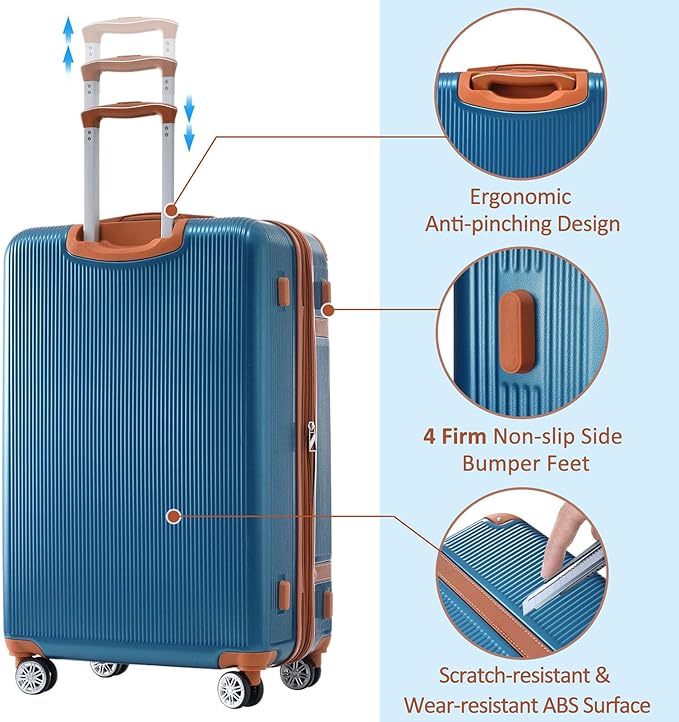 3 Piece Hardshell Luggage Sets 20"+24''+28" Expandable Hardside Luggages Spinner Suitcase with Spinner Wheels & TSA Lock,Lightweight Luggage Sets For Women Men Outdoor Travel Blue