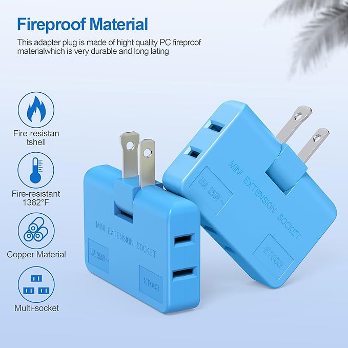 ETwinCoo Flat Wall Plug Adapter AC Outlet Extender, 2-Prong Swivel Mini Indoor Wall Tap Plug, Outlet Splitter (Quick & Space Save) Perfect for Home and Travel, Type A, Blue (3 Way-2 Pack)