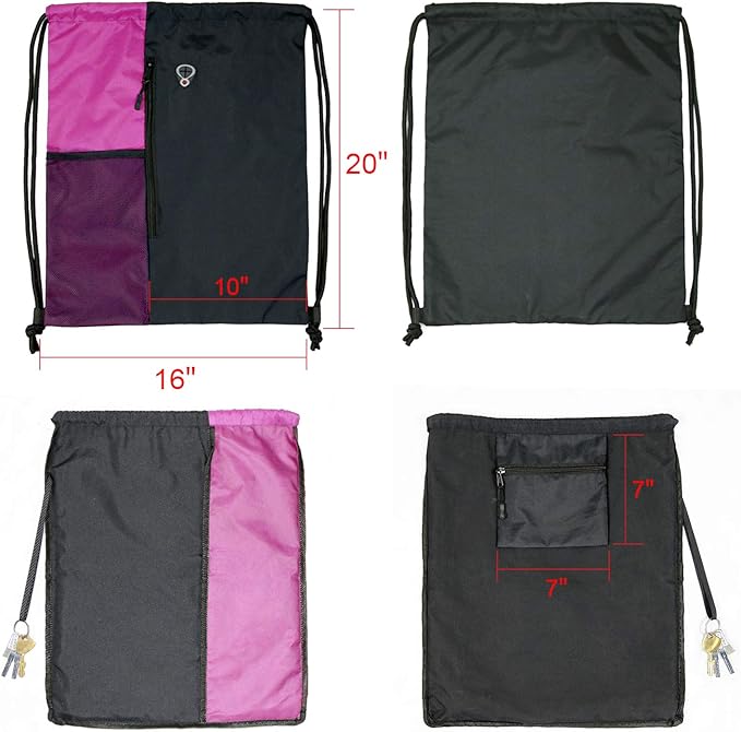 BeeGreen Sports Bag Drawstring Backpack With Water Bottle Pocket &Front Zippered Pocket Large String Bag Pack For Men Women