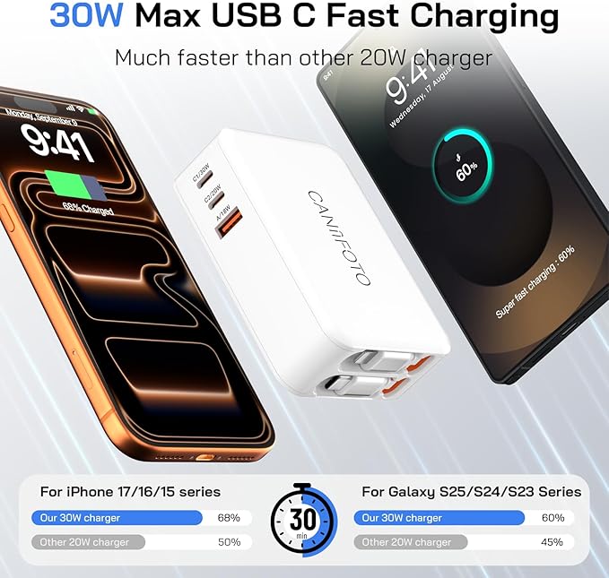 5-in-1 Retractable Wall Charger with Dual Cables, 50W Retractable Phone Charger with 3.3FT USB C & Lightening Cables,30W Fast Charging Block Wall Plug for iPhone 17 16 15 14 13,G-alaxy S26 S25,i Pad