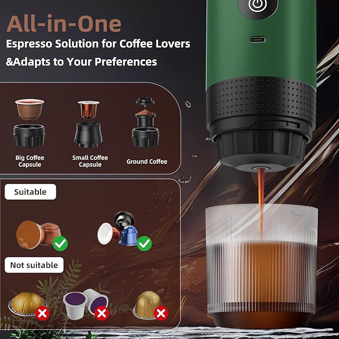 Portable Coffee Maker for Travel & Camping, Portable Espresso Maker with Bag, Rechargeable Cordless Battery Operated Coffee Makers for Ground Coffee, NS Capsule RV, Hiking, Office(Green)