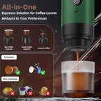 Portable Coffee Maker for Travel & Camping, Portable Espresso Maker with Bag, Rechargeable Cordless Battery Operated Coffee Makers for Ground Coffee, NS Capsule RV, Hiking, Office(Green)