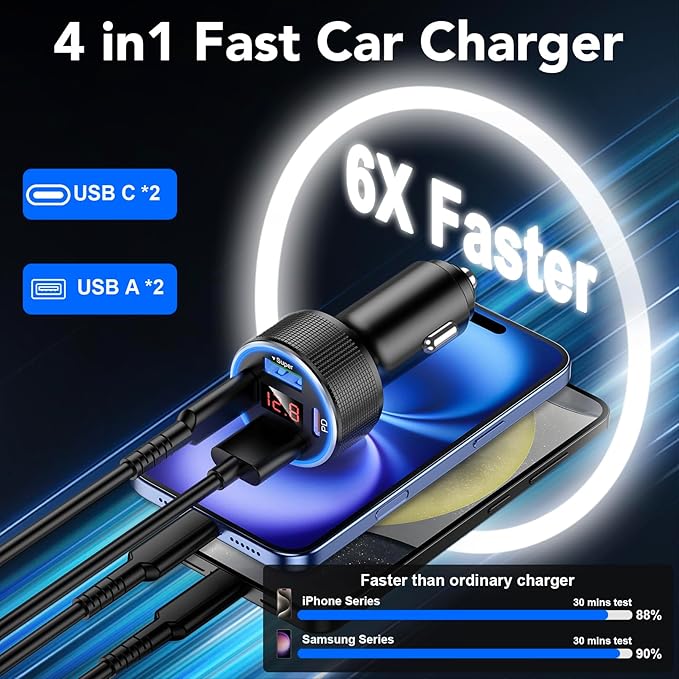 Car Charger USB C Fast Charge, 4 Port 78W Metal Car Phone Charger with Voltmeter, 2 USB-C & 2 USB-A 12V-24V Cigarette Lighter USB Charger Adapter for iPhone 17 16 15 Pro Max, Galaxy S26 S25, iPad