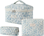 uekeboag Large Travel Quilted Makeup Bag for Women, Floral Cotton Cosmetic Bag, Coquette Aesthetic Floral Toiletry Organizer Bag