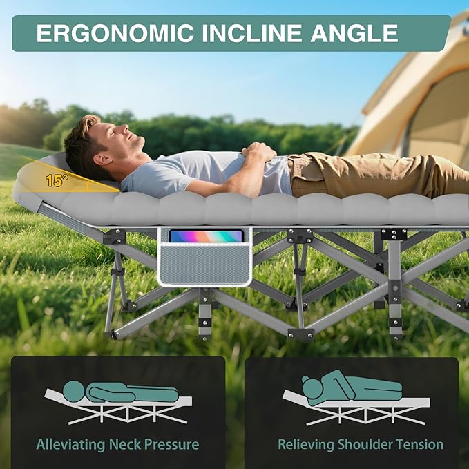 ZENPETIO Camping Cot for Adults - Heavy-Duty Cot Bed with Mattress, Portable Sleeping Cots for Outdoor Indoor, 1200D Oxford Folding Cots for Home Travel, Max Load 500LBS, Fits People up to 6'3", Gray