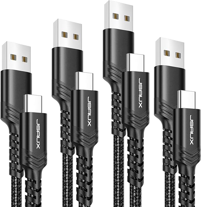 JSAUX USB C Cable 4-Pack [10ft+6.6ft+3.3ft+3.3ft], USB A to Type C Fasting Charging Cord Compatible with iPhone 16/16 Pro/16 Pro Max/15, Samsung Galaxy S24 S23 S22 Note 20 10 Black