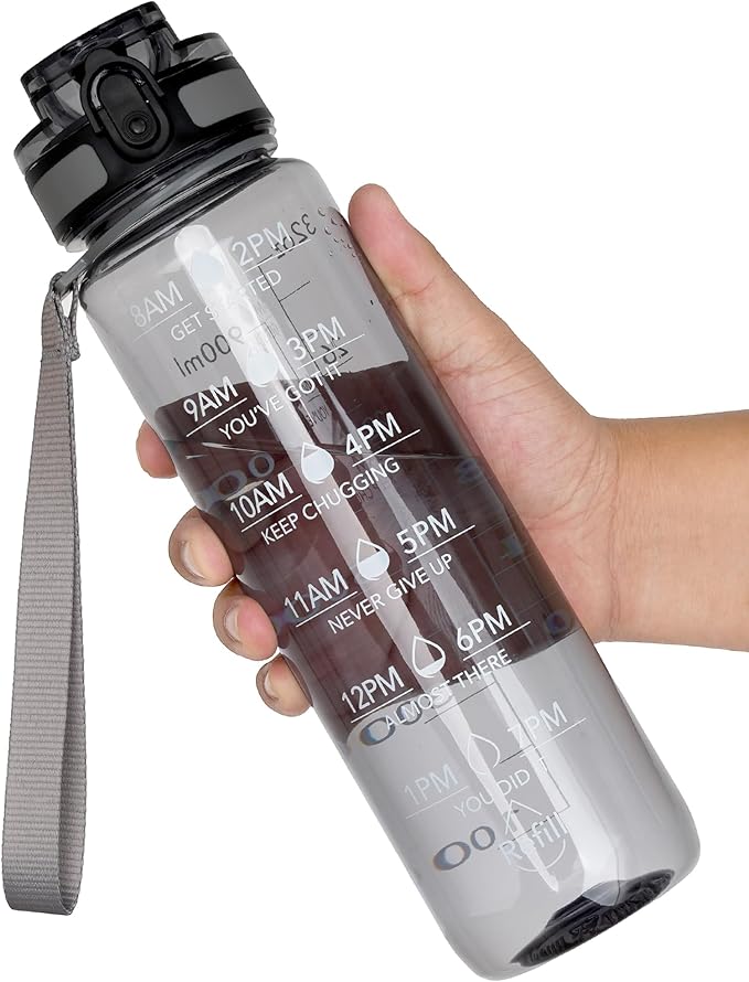 OLDLEY Water Bottle, 32oz Motivational Sports Water Bottle with Time Marker - Times to Drink - Tritan, BPA Free, Wide Mouth Leakproof,Anniversary Birthday Gifts for Men Women,Smoke Grey (1 Bottle)