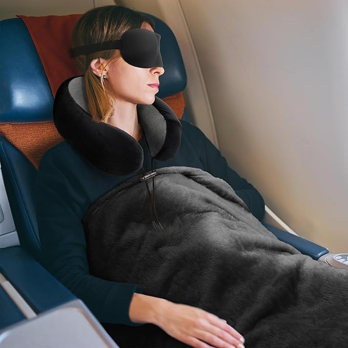 urnexttour Travel Pillow and Blanket Set Neck Pillows Travel Essentials with Sleep Mask for Airplane Car Memory Foam Black