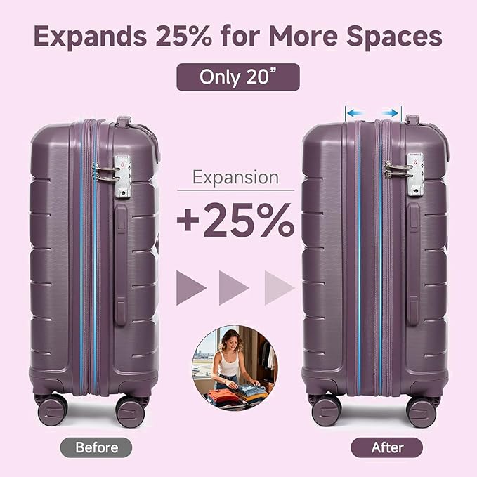 Somago Luggage Sets 3 Piece Hard Shell Polypropylene Suitcase with TSA Lock Spinner Carry On Luggage with Beauty Case Travel Set,Elegant Purple