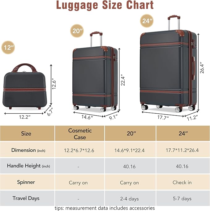 Luggage Sets, 2 Piece Carry on Luggage Set with Travel Bag, 2 Piece Expandable Spinner Hardshell Suitcase with TSA Lock, Back to School Suitcase, Women Men (Black, 20/24 inch+Cosmetic Case)