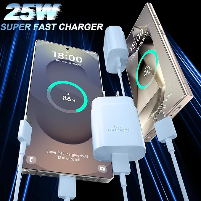 USB C Android Charger Fast Charging Cord, Super Fast Phone Chargers 10FT C to C Type Cable with 25W USBC Wall Block for Samsung Galaxy S26 S25 S24 Ultra Plus/S23/S22/S21/S20/Note 20/10, Blue