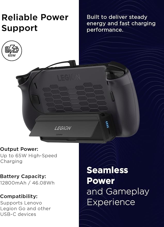 Lenovo Legion Go 65W 12800 Power Bank, Portable Power for Handheld Gaming and Other Devices, USB-C Integrated Cable, Magnetic Attach, Built-in Stand, Black