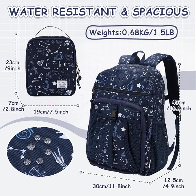 VASCHY Kids Backpack Lunch Bag Set, 2-1 School Bookbag Insulated Lunch Box for Toddlers,Preschool,Daycare,Kindergarten,Elementary School Navy