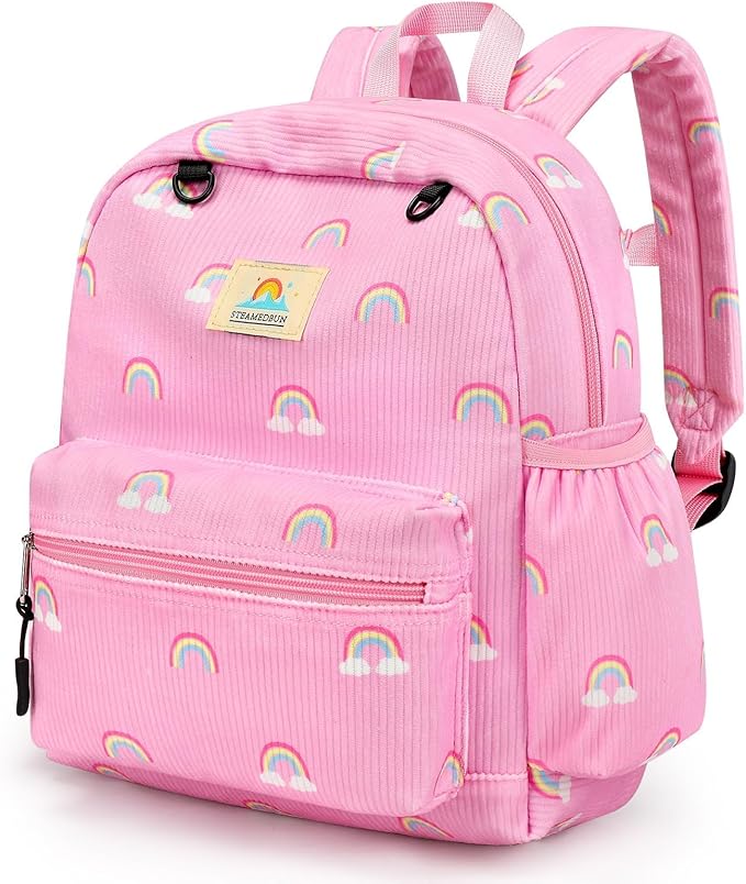 STEAMEDBUN Corduroy Toddler Backpack for Girls 2-4: Kids backpack for Girls - 12 inch Preschool Kindergarten Backpacks - Rainbow