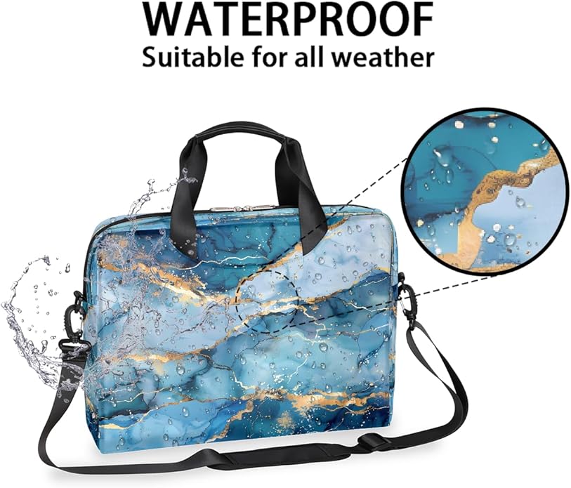 Laptop Bag Teal Blue Liquid Golden Marble Laptop Case Sleeve Messenger Bags with Shoulder Strap Briefcase for Laptop 13 14 14.5 15.6 16 in