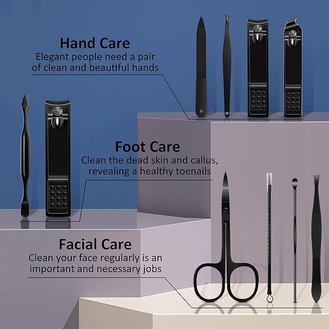 BLESWIN 10 in 1 Manicure Set, Professional Manicure Pedicure Kit for Women, Nail clipper Set for Men, Nail Care Kit with Leather Travel Case, Travel Nail Kit for Friends Parents Gift (Black)