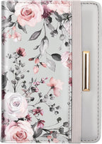 Passport Holder,RFID Blocking Passport Cover Cute Floral Traveling Passport Wallet for Women Grey Flowers