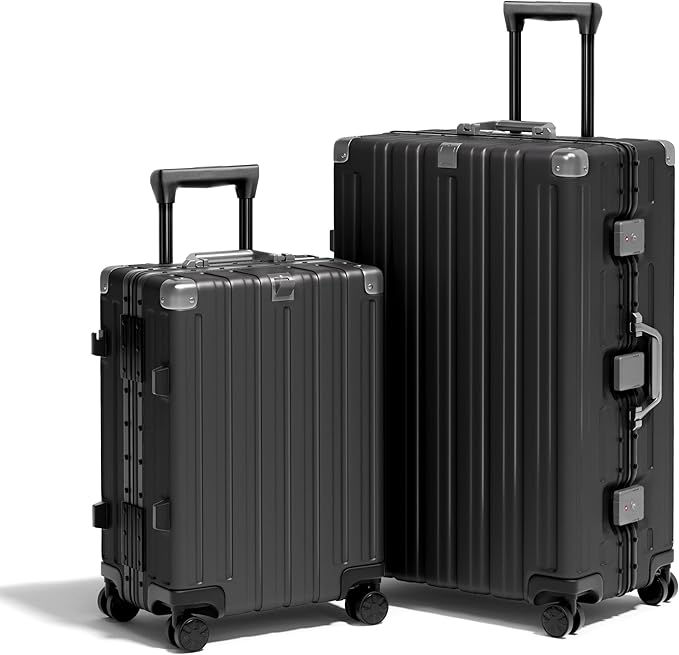 Krute Zipperless Luggage Set 2 Pieces Aluminum Frame Suitcase Sets Polycarbonate Hard Shell Luggage TSA Lock Checked Suitcase with Spinner Wheels Black