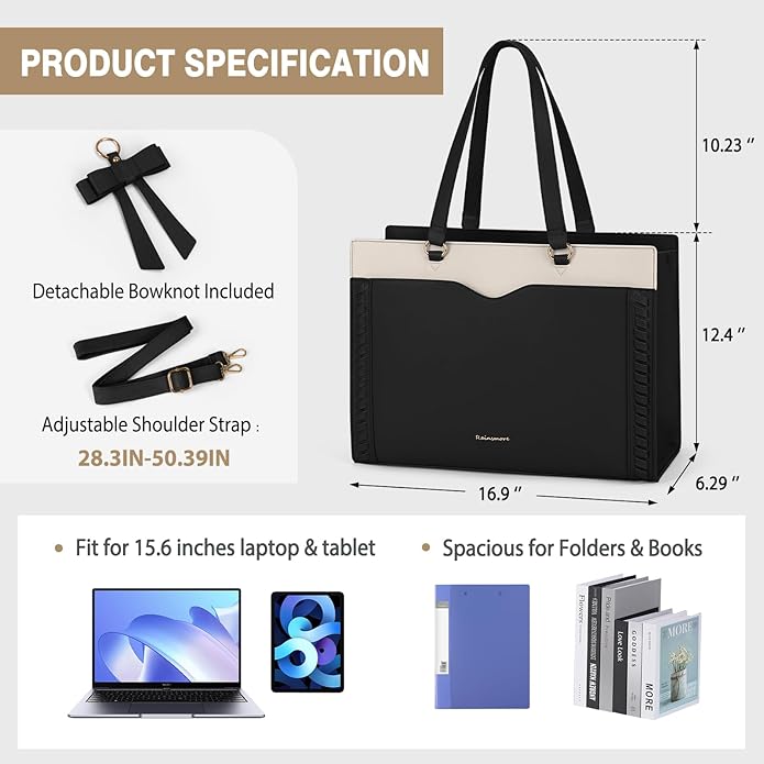 RAINSMORE Laptop Bag for Women 15.6 Inch Work Tote Bag with Detachable Strap & Bow Professional Laptop Tote with Cup Holder