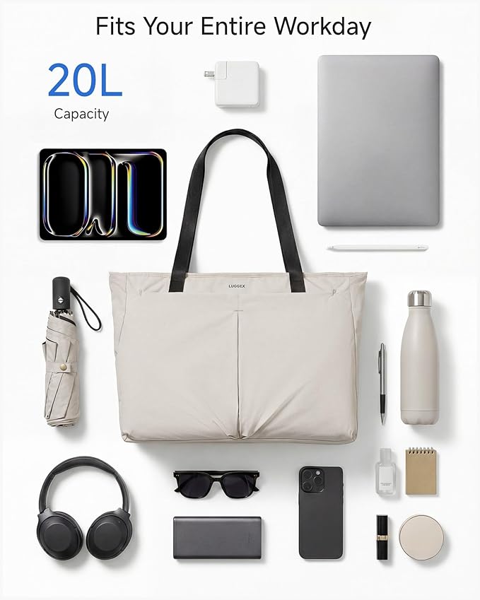LUGGEX Laptop Tote Bag, LTX04 20L Lightweight Work Tote for 13-15.6 Inch Laptop, Water-Resistant Nylon Computer Shoulder Bag with Padded Sleeve, Bottle Holders & Luggage Strap (LTX04, Beige)