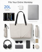 LUGGEX Laptop Tote Bag, LTX04 20L Lightweight Work Tote for 13-15.6 Inch Laptop, Water-Resistant Nylon Computer Shoulder Bag with Padded Sleeve, Bottle Holders & Luggage Strap (LTX04, Beige)