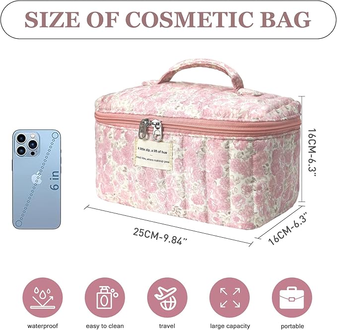 Gosect Large Makeup Bag, Cute Cosmetic Bag for Women Girls, Floral Coquette Aesthetic Toiletry Bag, Travel Make Up Organizer Bag (Crushed Flower)