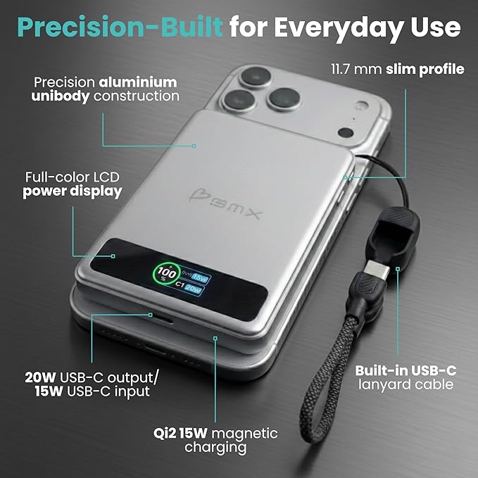 5K Magnetic Power Bank, Silver, Qi2 Certified 15W Wireless Charger, LCD Display, Ultra-Slim Solid-State Battery Pack for iPhone 17/16, Lightweight Travel, Everyday Use USB-C Portable Charger
