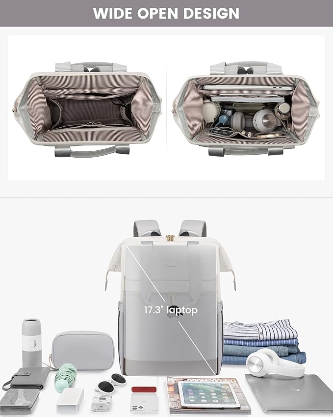 LOVEVOOK 17.3 Inch Laptop Backpack for Women, Large Capacity Travel Backpack with Organizer Bag, Waterproof Carry on Backpack Work Bag with USB Port, Teacher Nurse Backpack Purse,2PCS,Beige-Light Grey