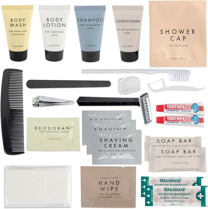 Trail maker (50 Pack) Bulk Hygiene Kits, 25 Piece Toiletry Kits for Homeless Care, Travel Hygiene Packs, Personal Care Supplies for Men & Women (50 Kits)