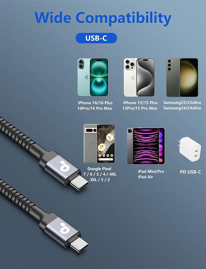 Extra Long USB C to C Cable 15FT, 100W USB C Cable Fast Charging, Upgraded Extra Durable Braided USB C Cord for iPhone 17 16 15 Pro Max, MacBook Pro, Samsung Galaxy S10 S9 Plus, LG and More-2Pack