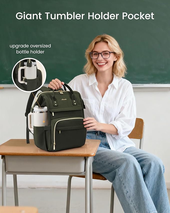 LOVEVOOK Laptop Backpack for Women with Giant Tumbler Holder Pocket,17 inch Waterproof Travel Backpack Purse Computer Laptop Bag,Professional Work College Nurse Teacher Backpack Daypack,Olive Green
