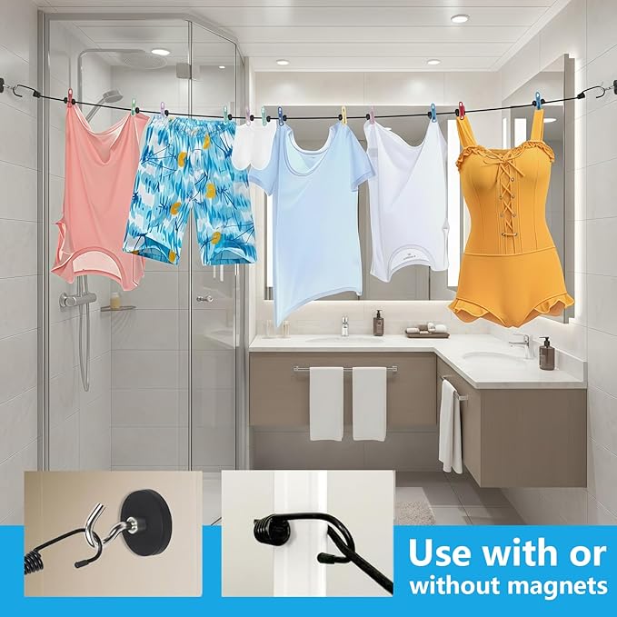 Portable Magnetic Clothesline for Cruise Ship Cabin, Travel Clothesline with 12 Clips and Carry Bag, Rubber-Coated Non-Scratch Magnets for Cruise, RV & Hotel