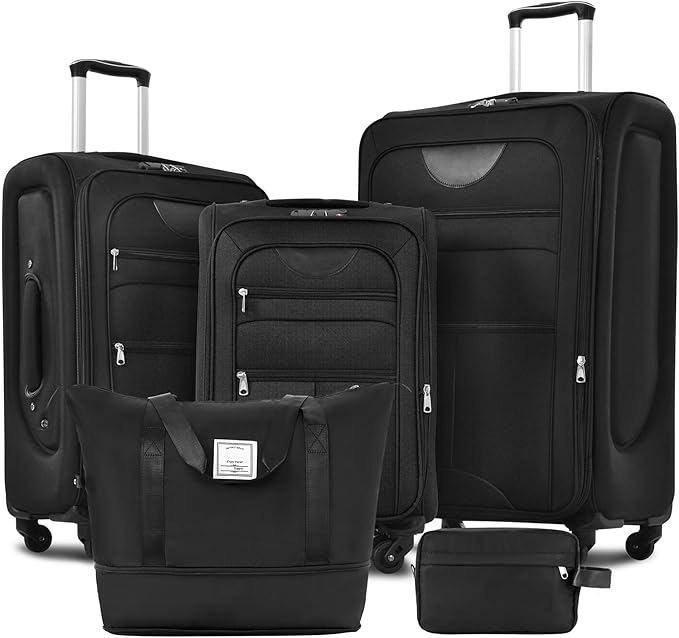 Lightweight Expandable Softside Luggage Sets 3 Piece, Large Capacity Travel Suitcase with Spinner Wheel, TSA Lock, Easy Access Design and Adjustable Telescoping Handle (Black)