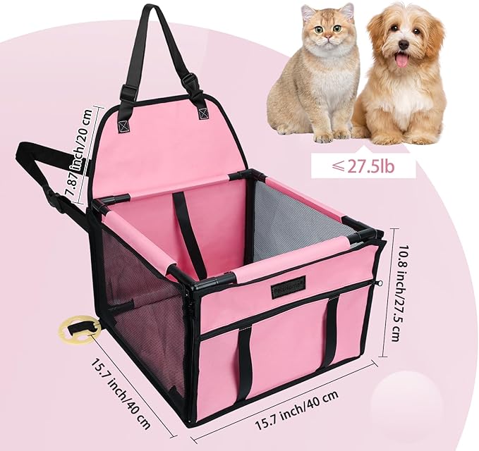 Dog Car Seat Foldable Dog Car Booster Seat Waterproof Breathable Oxford Travel Bag for Small to Medium Dogs, Puppies, and Pets-Pure Pink-Upgrade