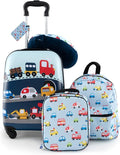 BABY JOY Kids Luggage, 5 Pieces Luggage Set w/ 16" Carry-on Hardshell Spinner Toddler Suitcase, 13" Backpack, Neck Pillow & Insulated Lunch Bag, Travel Kids Rolling Suitcase for Girls Boys (Blue Car)