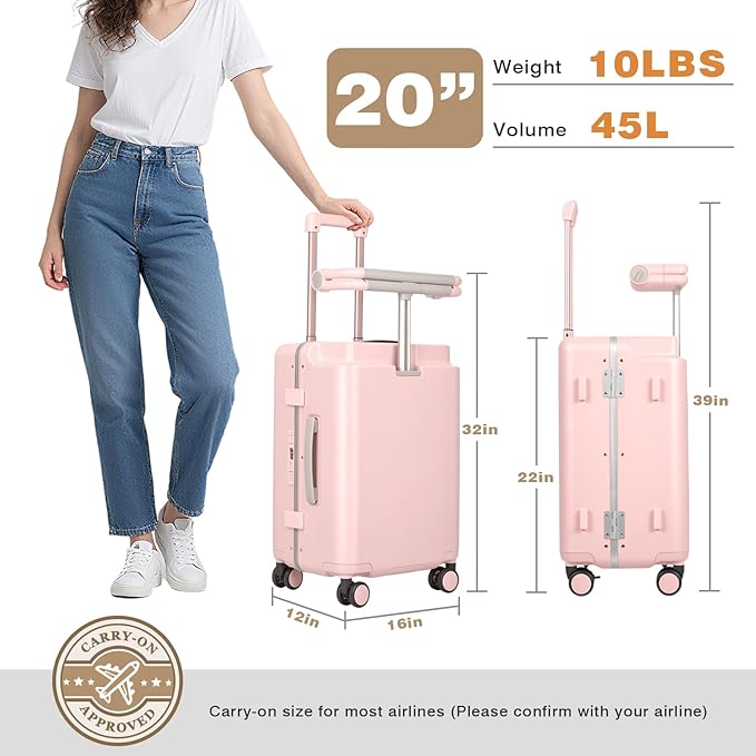 smilesun 20" Adjustable Fence Luggage with Seat, Carry On Suitcase for Kids & Adults, 200lbs Support, 360° Silent Wheels with TSA Lock, Tablet & Cup Holder(Pink)