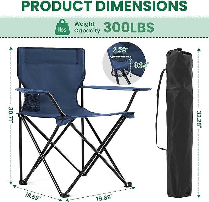 2-Pack Foldable Camping Chairs with Cup Holder, 300LB Lawn Portable Folding Chairs for Adults, Lightweight Outdoor Beach Chairs with Carry Bag for Camp, Fishing, Sports (Navy)