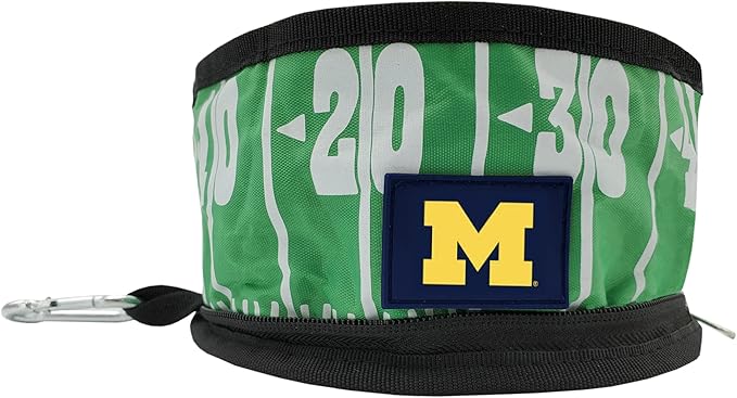NCAA Michigan Wolverines Collapsible Dog Travel Bowl, Food and Water Bowl for Dogs & Cats. Best Portable & Lightweight Leak-Proof Pet Bowl for Travel with Football Field & Pebble-Grain Design.