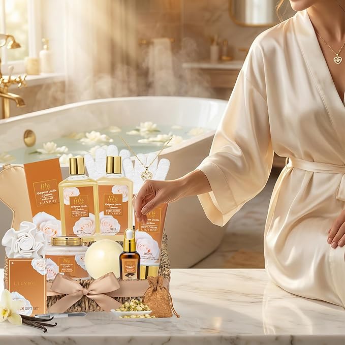 Gifts for Women, Spa Gift Basket for Women, Mothers Day Gift Basket for Mom - Vanilla Bath and Body Gift Basket Set, Spa Kit | Gifts for Christmas, Valentines Day, Birthday, Bath Spa Gift Sets for Her