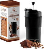 15oz Double Wall Stainless Steel Insulated French Press Coffee and Tea Maker - Portable Camping Mug and Tumbler - Heat Retaining, Leak-Proof, Travel-Friendly for Office and Outdoor Adventures (Black)