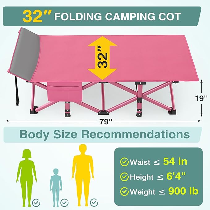 ZENPETIO Oversized XXL Folding Camping Cot, Heavy Duty Sleeping Cot for Adults with Mattress and Pillow, Portable Cot Bed with Carry Bag for Outdoor Camp Travel Home Guest Office, Pink