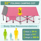ZENPETIO Oversized XXL Folding Camping Cot, Heavy Duty Sleeping Cot for Adults with Mattress and Pillow, Portable Cot Bed with Carry Bag for Outdoor Camp Travel Home Guest Office, Pink