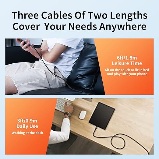 USB-C Cable 3-Pack (3ft/6ft/6ft), USB A to USB-C Fast Charging Cord, Nylon Braided, Compatible with 17/16/15 Pro Max ，Galaxy and Other Type-C Devices - Black