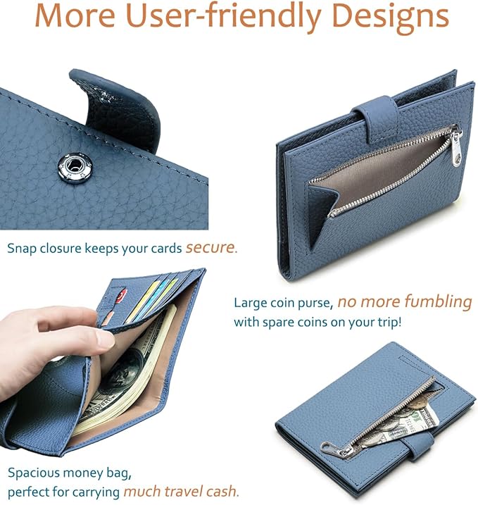 Leather RFID Blocking Passport Holder for Travel Women – Multiple Slim Passport Wallet for Women with Card Slots, Zippered Coin Pocket & Travel Passport Cover Case Gift Ready– Denim Blue