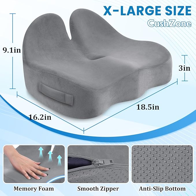 CushZone Seat Cushion, Memory Foam Office Chair Seat Cushion for Office Chairs/Car/Long Trip/Desk Chair/Gaming, X-Large Size for Sciatica & Hip & Tailbone Pain Relief, Sciatica Support (Light Gray)