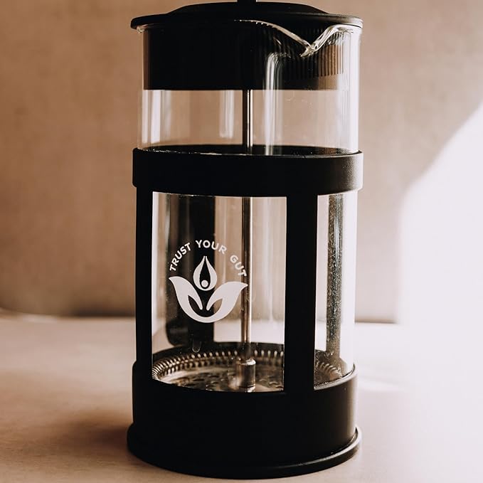 Trust Your Gut Premium Portable French Press Coffee Maker, Glass & Stainless Steel Enema Coffee Plunger, Durable and Heat-Resistant, Easy to Use, 1L Capacity